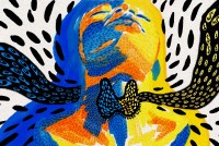 A digital illustration painted with colorful gouache in yellow and blue tones shows a woman with her head tilted back in exhaustion, exposing her neck. The thyroid gland, shaped like a butterfly, is painted black in the center of her neck. Dots of various sizes swirl around her. Flowing into the thyroid gland are pill symbols. Dots with money symbols flow out.