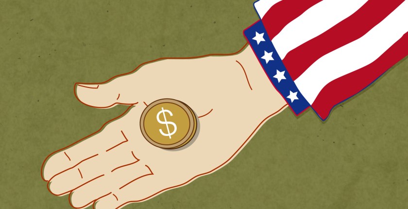 A digital illustration of an outstretched hand holding a gold coin with a dollar sign on it. The sleeve around the person's wrist had white stars on a blue background and red and white stripes.