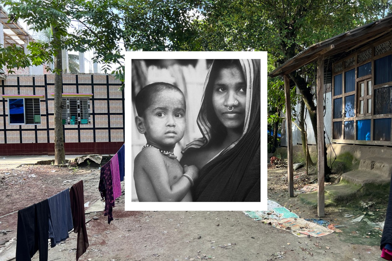 A black-and-white photograph of Rahima Banu, as a toddler, being held by her mother is collaged on top of a color photograph of the courtyard of her present-day home. Clothes hang on a line across the yard. The house is made from bamboo and corrugated metal, and the mud stairs that lead inside are dotted with moss. The bright green leaves on the trees blanket the area in sun-dappled shade.